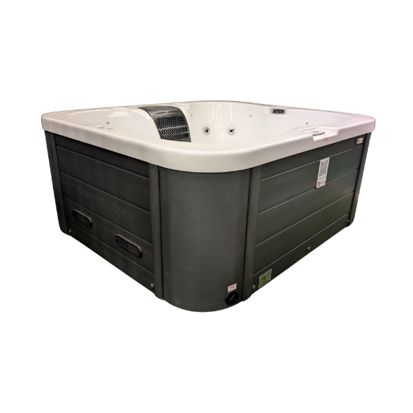 Compact spa with LED lighting and ergonomic seating.