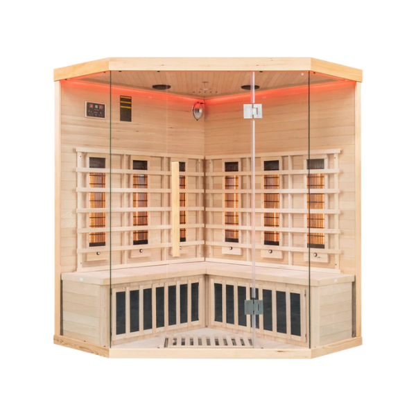 Front-view of Miracle Sauna 4 Person Corner Far Infrared Sauna with full-glass door and premium hemlock panelling