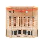 Front-view of Miracle Sauna 4 Person Corner Far Infrared Sauna with full-glass door and premium hemlock panelling