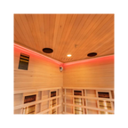 Interior view of Miracle Sauna 4 Person Corner Far Infrared Sauna highlighting dual-side glass walls, bench seating and lighting elements