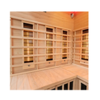 Corner interior view of Miracle Sauna 4 Person Corner Far Infrared Sauna showing dual wall infrared panels and ergonomic seating