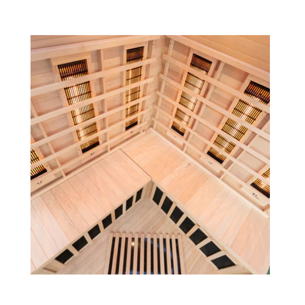 Interior floor-level view of Miracle Sauna 4 Person Corner Far Infrared Sauna highlighting heater placement and base design