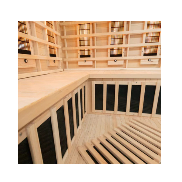 Close-up of interior bench area in Miracle Sauna 4 Person Corner Far Infrared Sauna highlighting wooden finish and heater layout