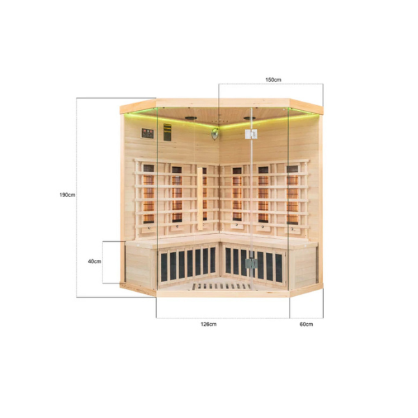Exterior diagram of Miracle Sauna 4 Person Corner Far Infrared Sauna showing measurements 150x126x190cm and layout details