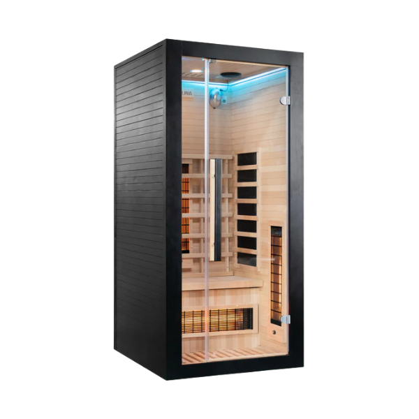 Miracle Sauna UKLux 1 Person Far Infrared Sauna angled right exterior showing corner structure and hemlock paneling