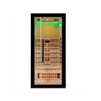 Front view of Miracle Sauna UKLux 1 Person Far Infrared Sauna with full-glass front and hemlock wood finish