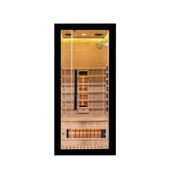 Close front view of Miracle Sauna UKLux 1 Person Far Infrared Sauna showing tempered glass door and natural wood cladding