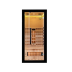 Close front view of Miracle Sauna UKLux 1 Person Far Infrared Sauna showing tempered glass door and natural wood cladding