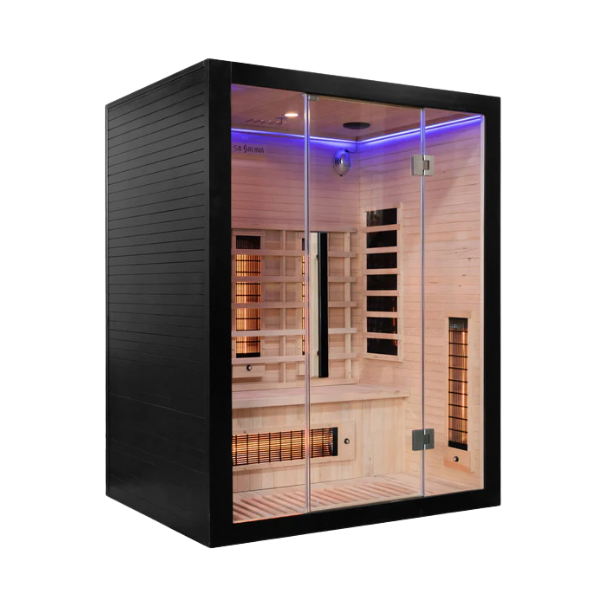 Right-angle exterior of Miracle Sauna UKLux 2 Person Far Infrared Sauna showing corner design and premium hemlock cladding