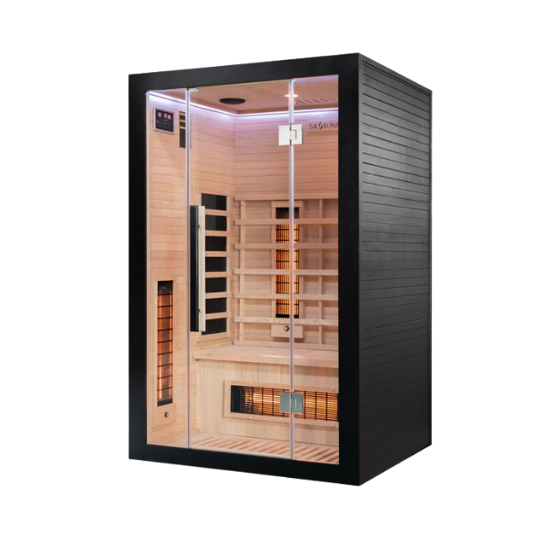 Miracle Sauna UKLux 2 Person Far Infrared Sauna angled right exterior showing corner profile and natural hemlock cladding