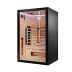 Miracle Sauna UKLux 2 Person Far Infrared Sauna angled right exterior showing corner profile and natural hemlock cladding