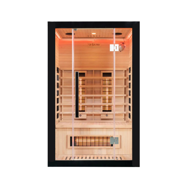 Close-up front view of Miracle Sauna UKLux 2 Person Far Infrared Sauna showing tempered glass door and digital control panel