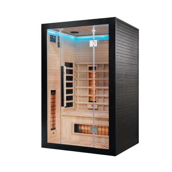 Left-angle exterior of Miracle Sauna UKLux 2 Person Far Infrared Sauna showing wood panel detail and full-glass façade