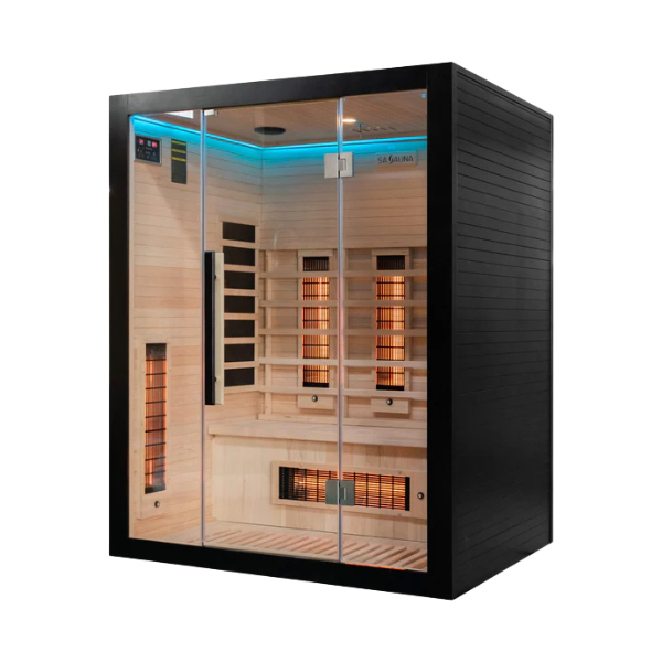 Left-side view of Miracle Sauna UKLux 3 Person Far Infrared Sauna emphasising compact design and hemlock wood construction