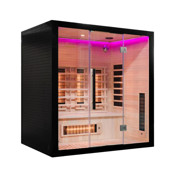 Miracle Sauna UKLux 4 Person Far Infrared Sauna angled right exterior showing corner design and tempered glass door