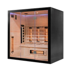 Left angle exterior of Miracle Sauna UKLux 4 Person Far Infrared Sauna highlighting smooth hemlock panels and glass façade