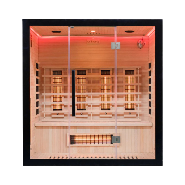 Front view of Miracle Sauna UKLux 4 Person Far Infrared Sauna with hemlock wood and full glass front panel