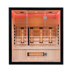 Front view of Miracle Sauna UKLux 4 Person Far Infrared Sauna with hemlock wood and full glass front panel