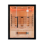 Front view of Miracle Sauna UKLux 2 Person Far Infrared Sauna with hemlock wood and full glass front